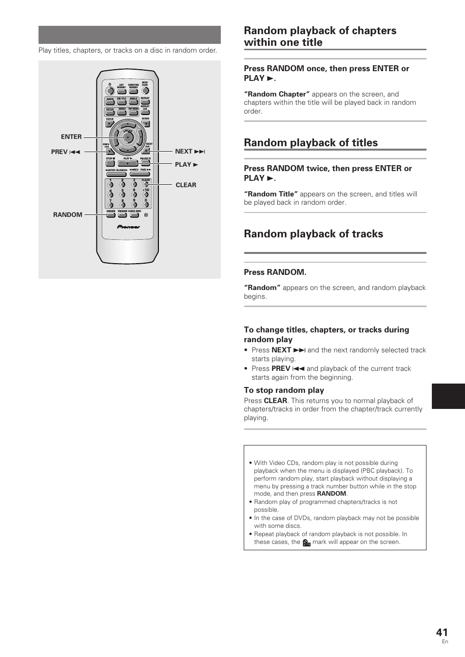 Random play, Random playback of chapters within one title, Random playback of titles | Random playback of tracks, Adv anced functions, Dvd press random once, then press enter or play 3, Press random twice, then press enter or play 3, Video cd/cd press random, Dvd/video cd/cd | Pioneer DV-343 User Manual | Page 41 / 56