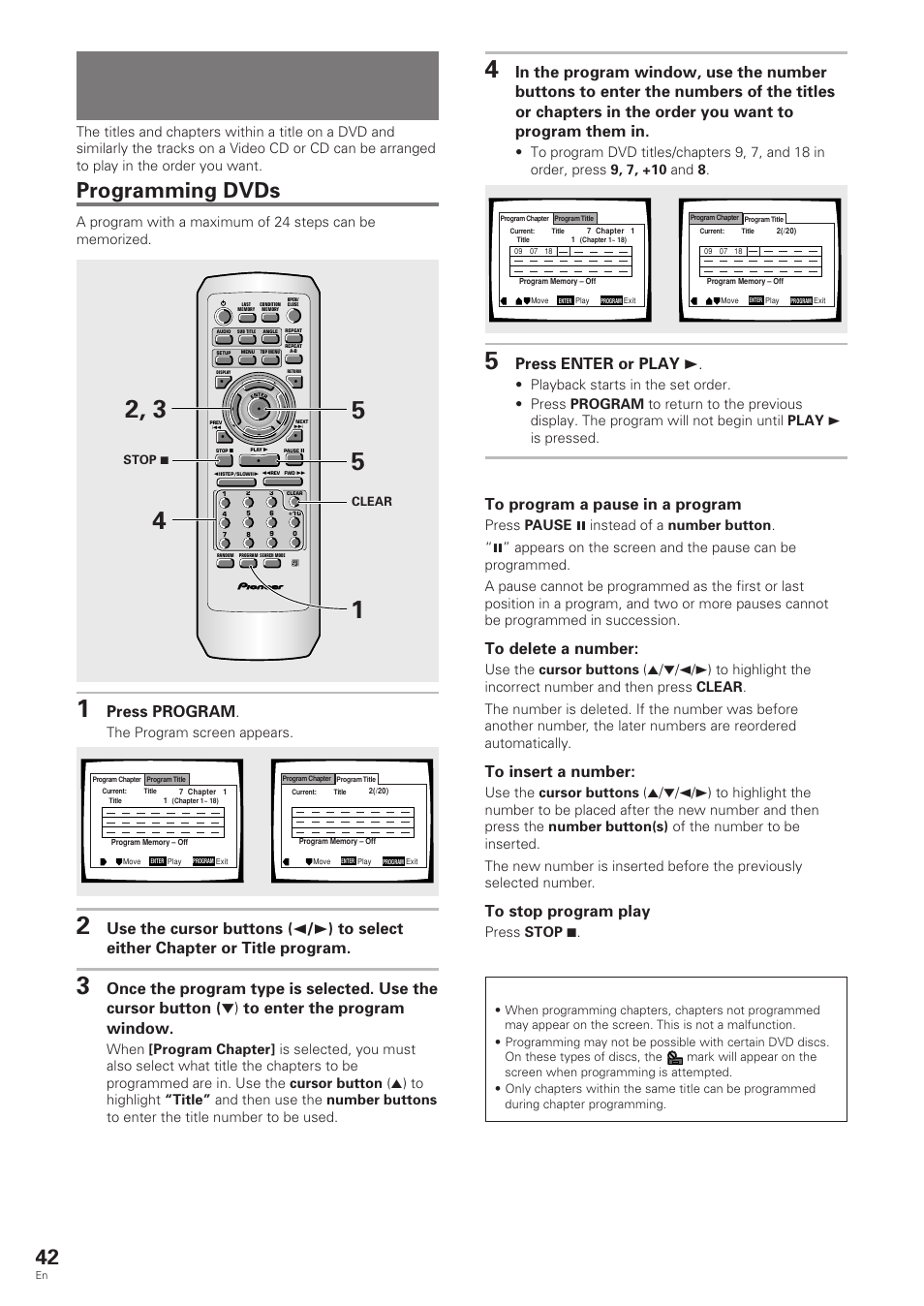 Playback in a desired order, Program play), Playback in a desired order (program play) | Programming dvds, Press program, Press enter or play 3, Dvd/video cd/cd, The program screen appears | Pioneer DV-343 User Manual | Page 42 / 56