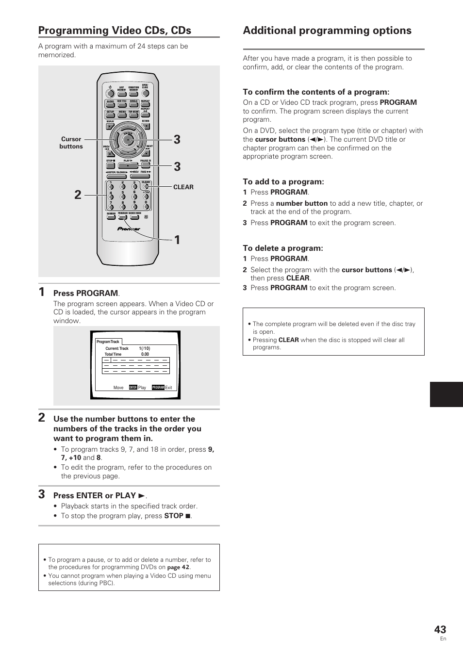 Additional programming options, Programming video cds, cds, Adv anced functions | Dvd/video cd/cd, Press program, Press enter or play 3 | Pioneer DV-343 User Manual | Page 43 / 56