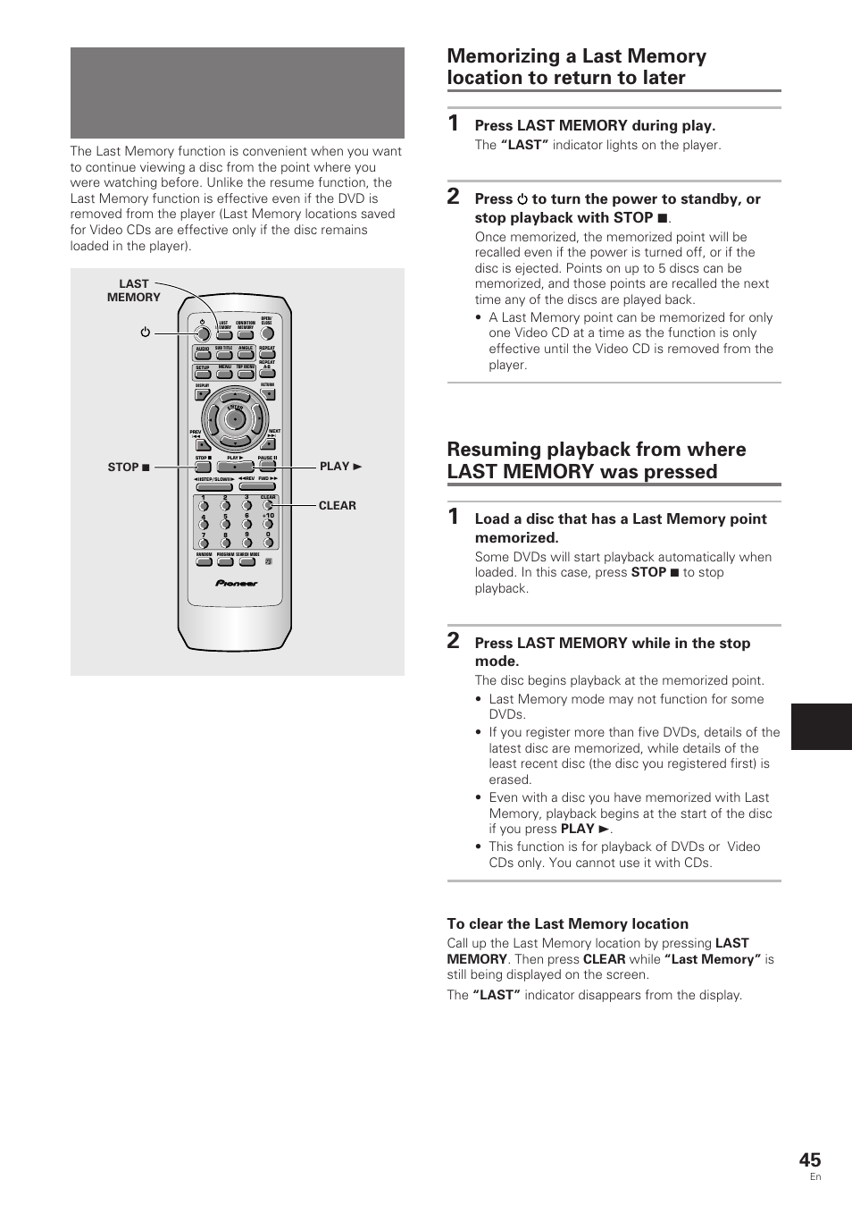 Continuing playback from a, Specified location (last memory), Adv anced functions | Dvd/video cd, The “last” indicator lights on the player | Pioneer DV-343 User Manual | Page 45 / 56