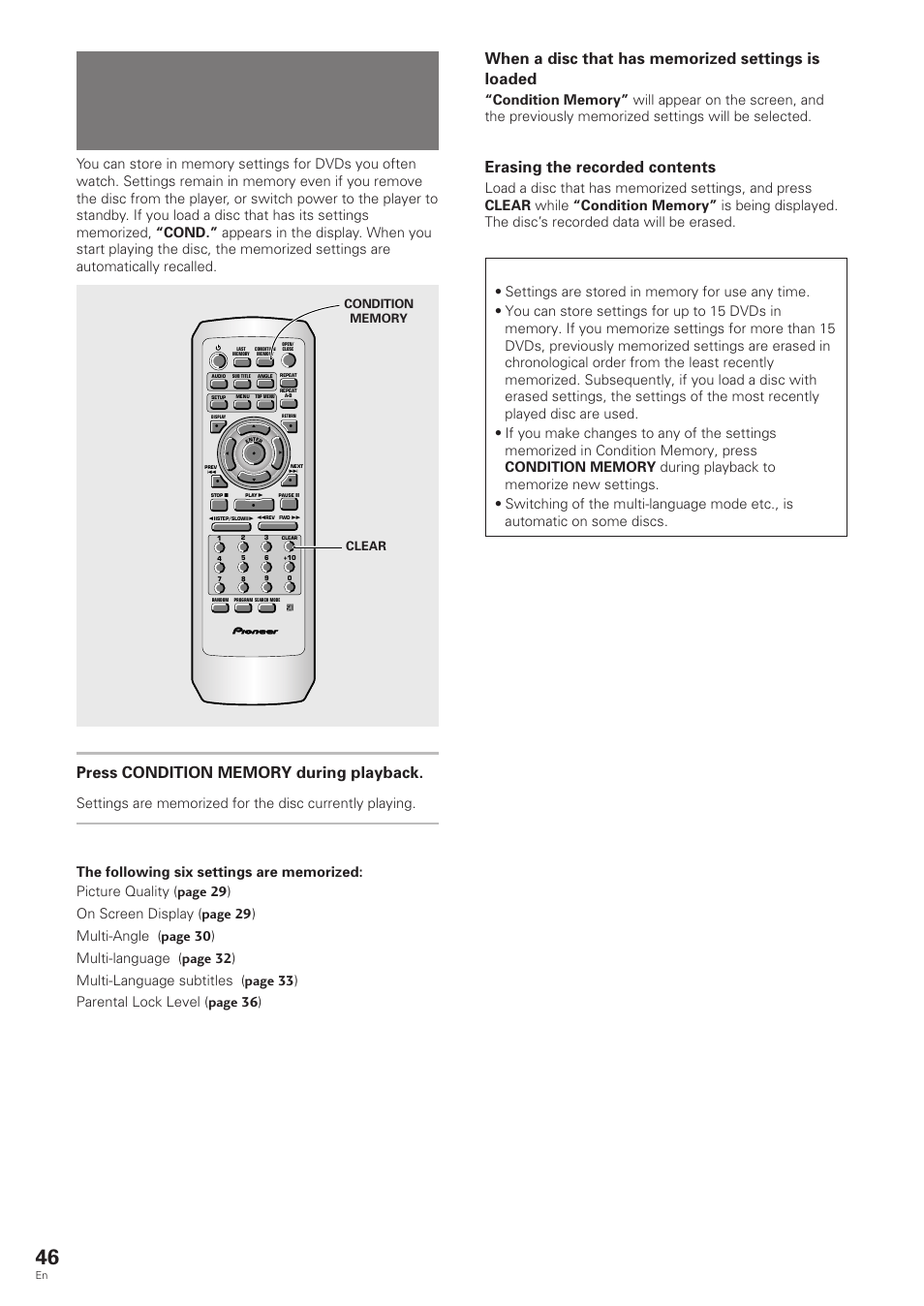 Memorizing settings for often, Viewed dvds (condition memory), Erasing the recorded contents | Pioneer DV-343 User Manual | Page 46 / 56
