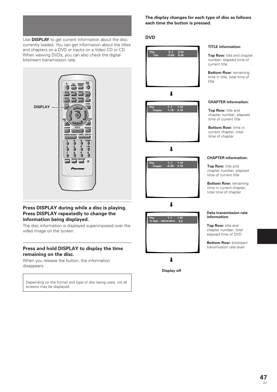 Viewing disc information, Adv anced functions, Dvd/video cd/cd | Display | Pioneer DV-343 User Manual | Page 47 / 56