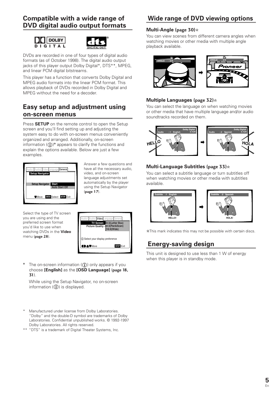 Wide range of dvd viewing options, Energy-saving design, Easy setup and adjustment using on-screen menus | Multi-angle (page 30), Multiple languages (page 32), Multi-language subtitles (page 33) | Pioneer DV-343 User Manual | Page 5 / 56