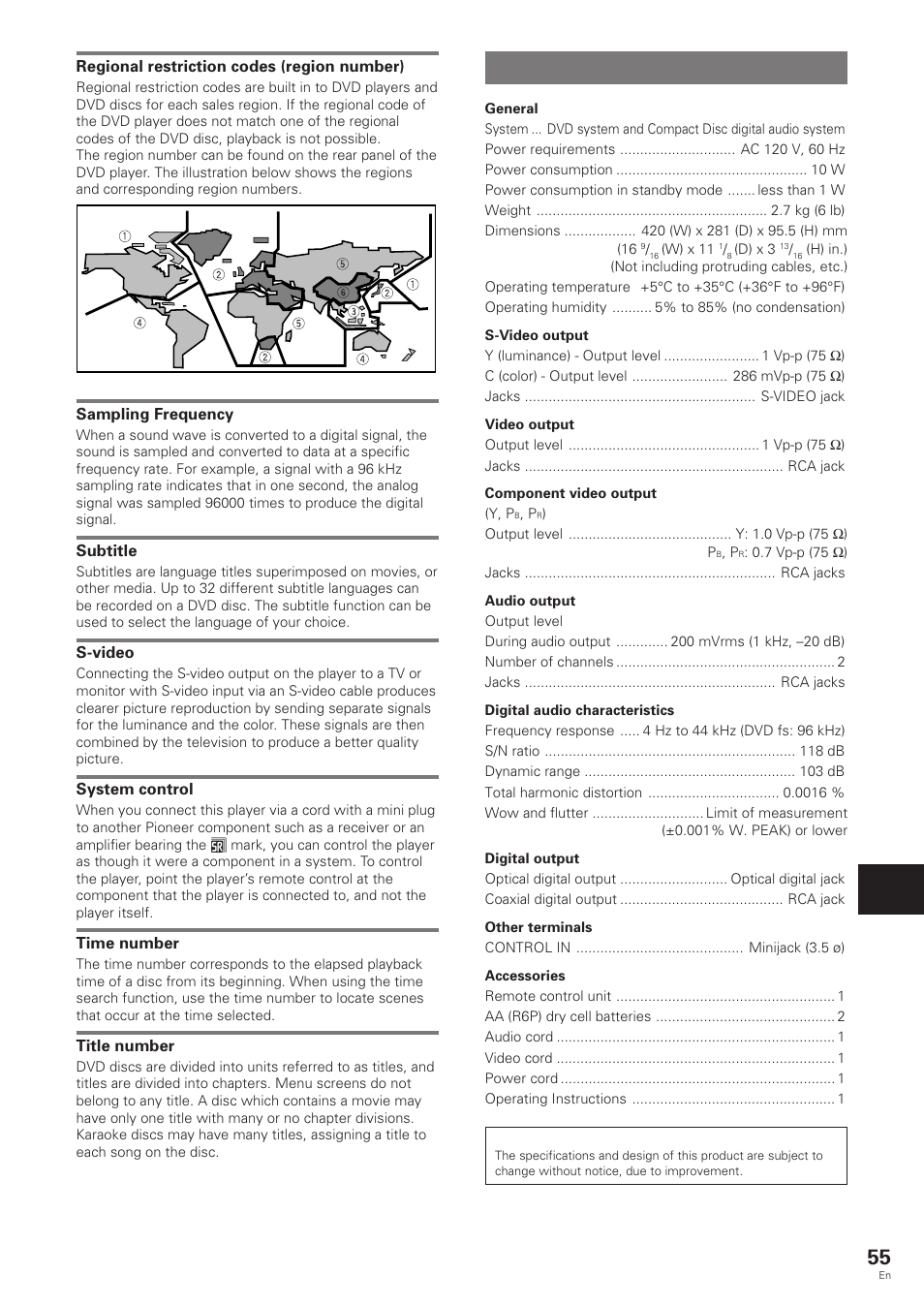 Specifications | Pioneer DV-343 User Manual | Page 55 / 56