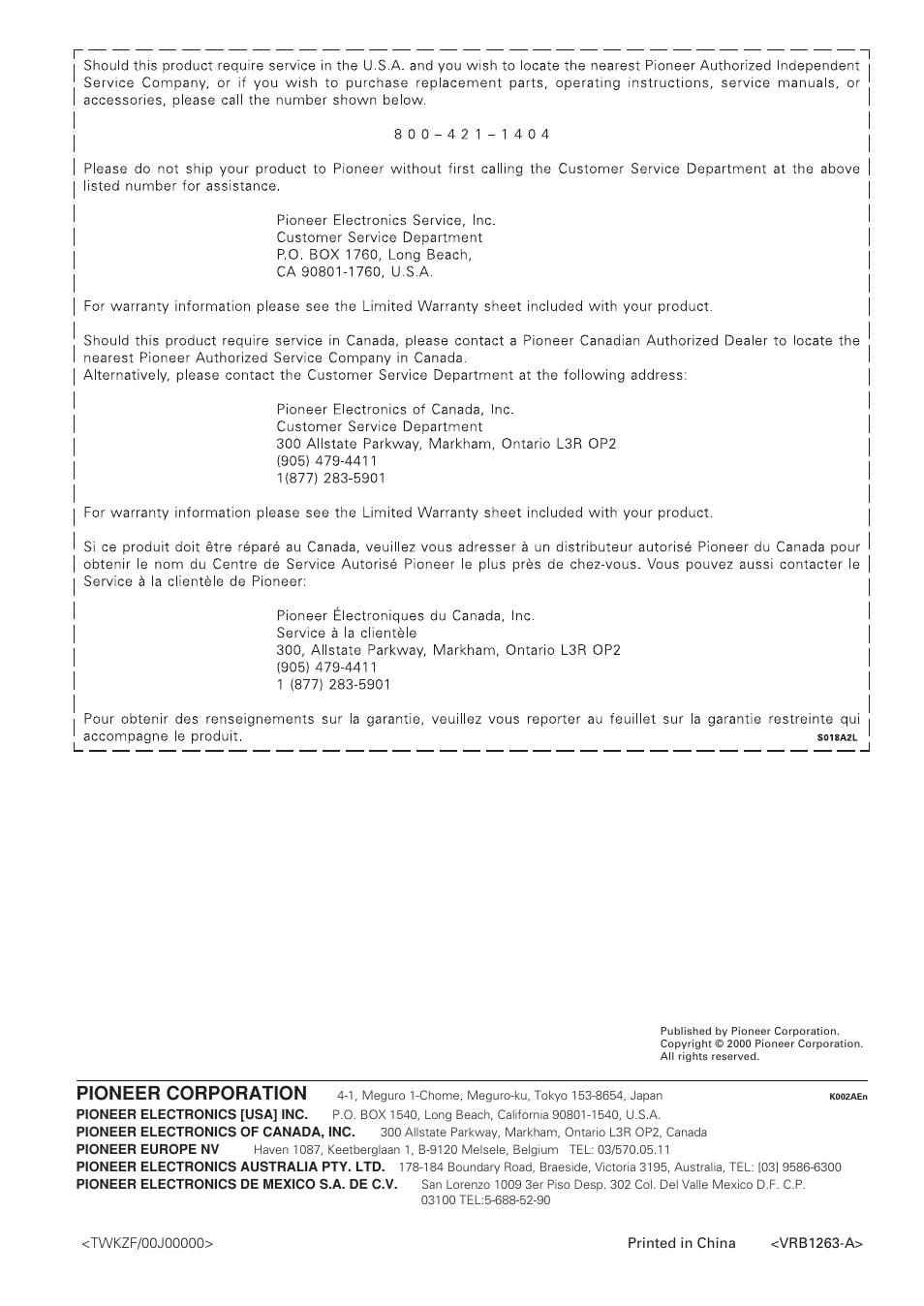 Pioneer corporation | Pioneer DV-343 User Manual | Page 56 / 56