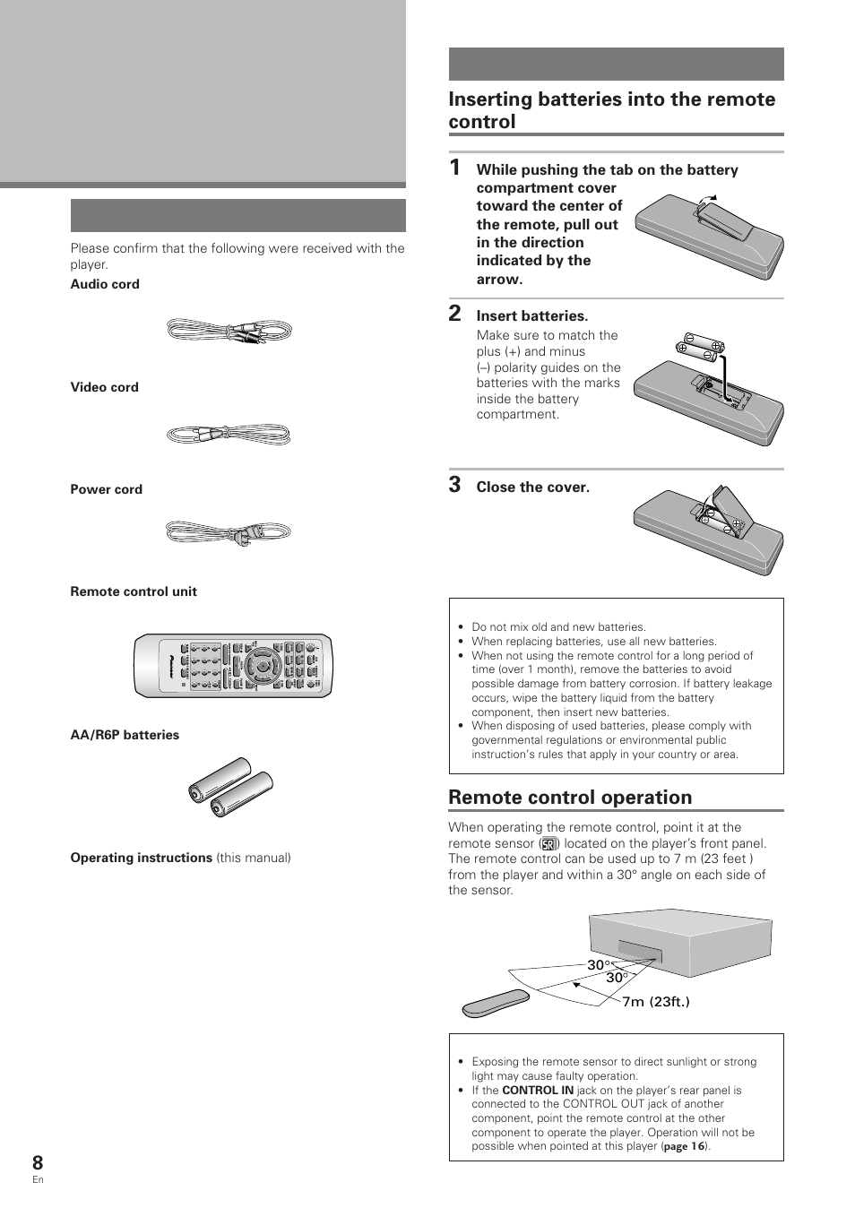 Before using, Checking accessories preparing the remote control, Preparing the remote control | Checking accessories, Inserting batteries into the remote control, Remote control operation, Insert batteries, Close the cover | Pioneer DV-343 User Manual | Page 8 / 56