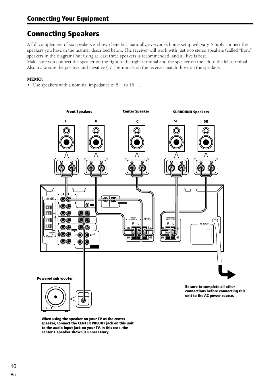 Connecting speakers 10, Connecting speakers, Connecting your equipment | Pioneer VSX-D510 User Manual | Page 10 / 36