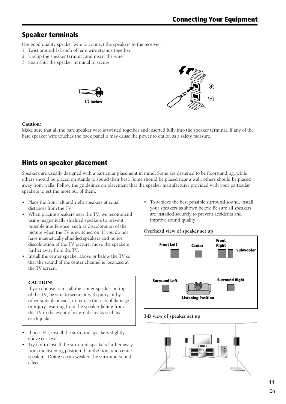 Hints on speaker placement, Connecting your equipment, Speaker terminals | Pioneer VSX-D510 User Manual | Page 11 / 36