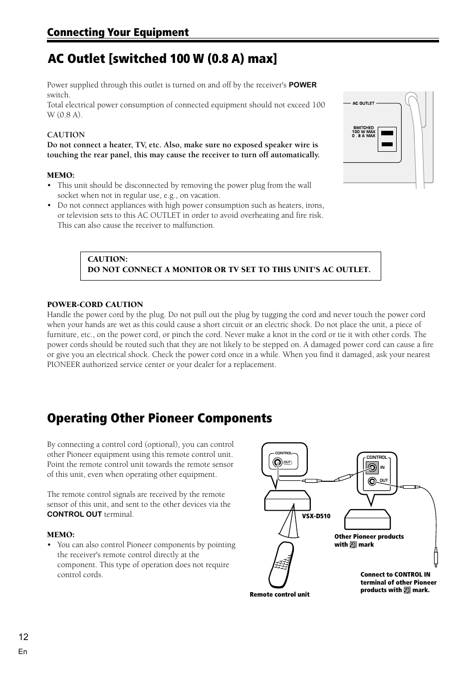 Ac outlet [switched 100 w (0.8 a) max] 12, Operating other pioneer components 12, Operating other pioneer components | Connecting your equipment | Pioneer VSX-D510 User Manual | Page 12 / 36