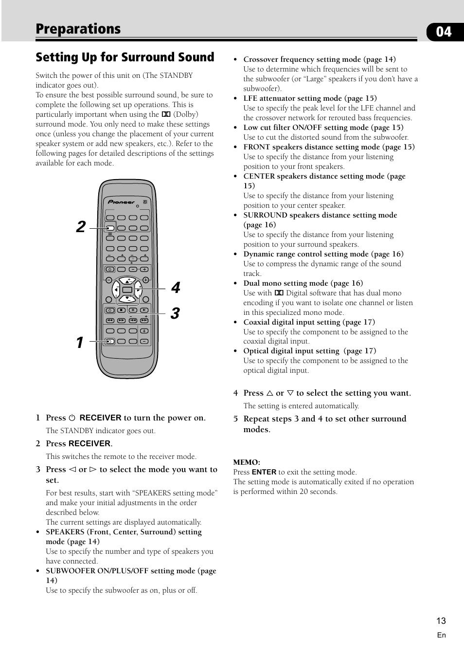 Preparations 13, Setting up for surround sound 13, 04 preparations | Setting up for surround sound, 1 press, 2 press, 3 press @ or # to select the mode you want to set, 4 press % or fi to select the setting you want, 5 repeat steps 3 and 4 to set other surround modes, Receiver | Pioneer VSX-D510 User Manual | Page 13 / 36