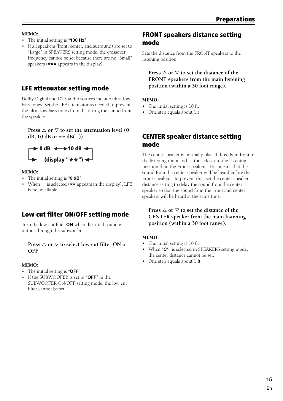 Lfe attenuator setting mode, Low cut filter on/off setting mode, Front speakers distance setting mode | Center speaker distance setting mode, Preparations | Pioneer VSX-D510 User Manual | Page 15 / 36