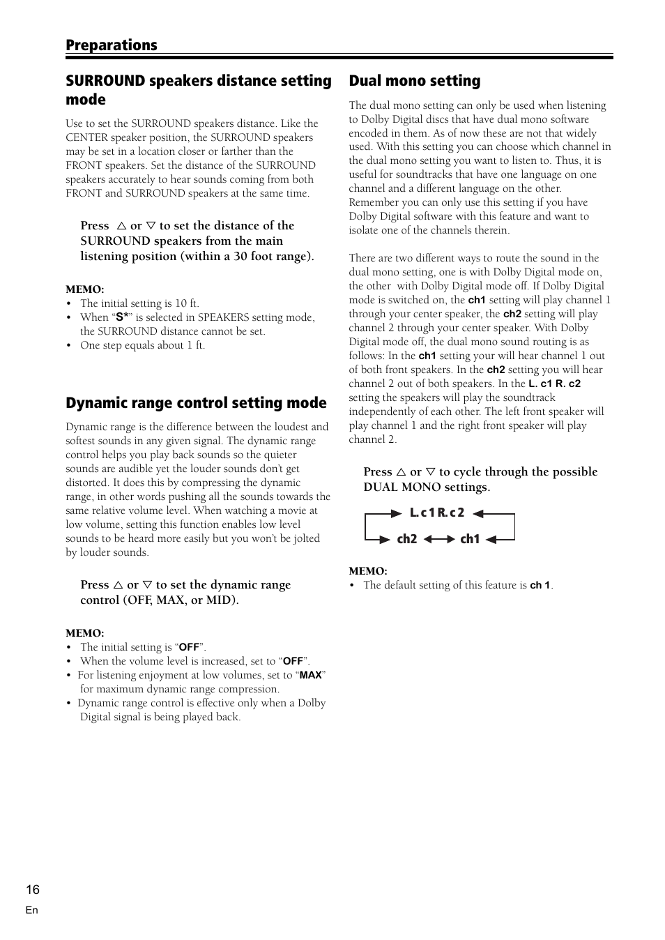 Surround speakers distance setting mode, Dynamic range control setting mode, Dual mono setting | Preparations | Pioneer VSX-D510 User Manual | Page 16 / 36