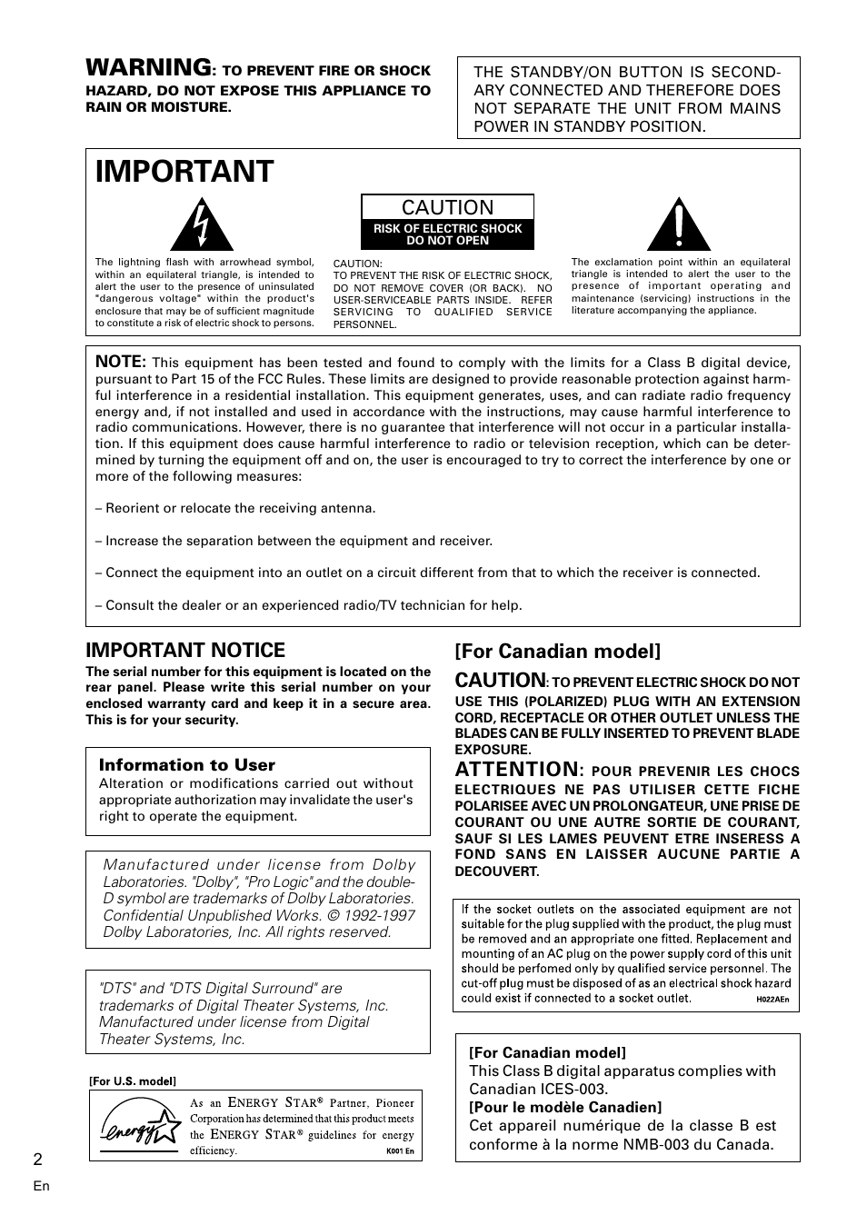 Important, Warning, Caution | Important notice, For canadian model] caution, Attention | Pioneer VSX-D510 User Manual | Page 2 / 36