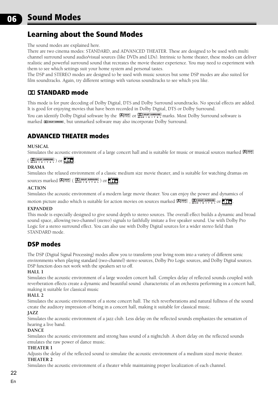 Sound modes 22, Learning about the sound modes 22, 06 sound modes | Learning about the sound modes, 2standard mode, Advanced theater modes, Dsp modes | Pioneer VSX-D510 User Manual | Page 22 / 36