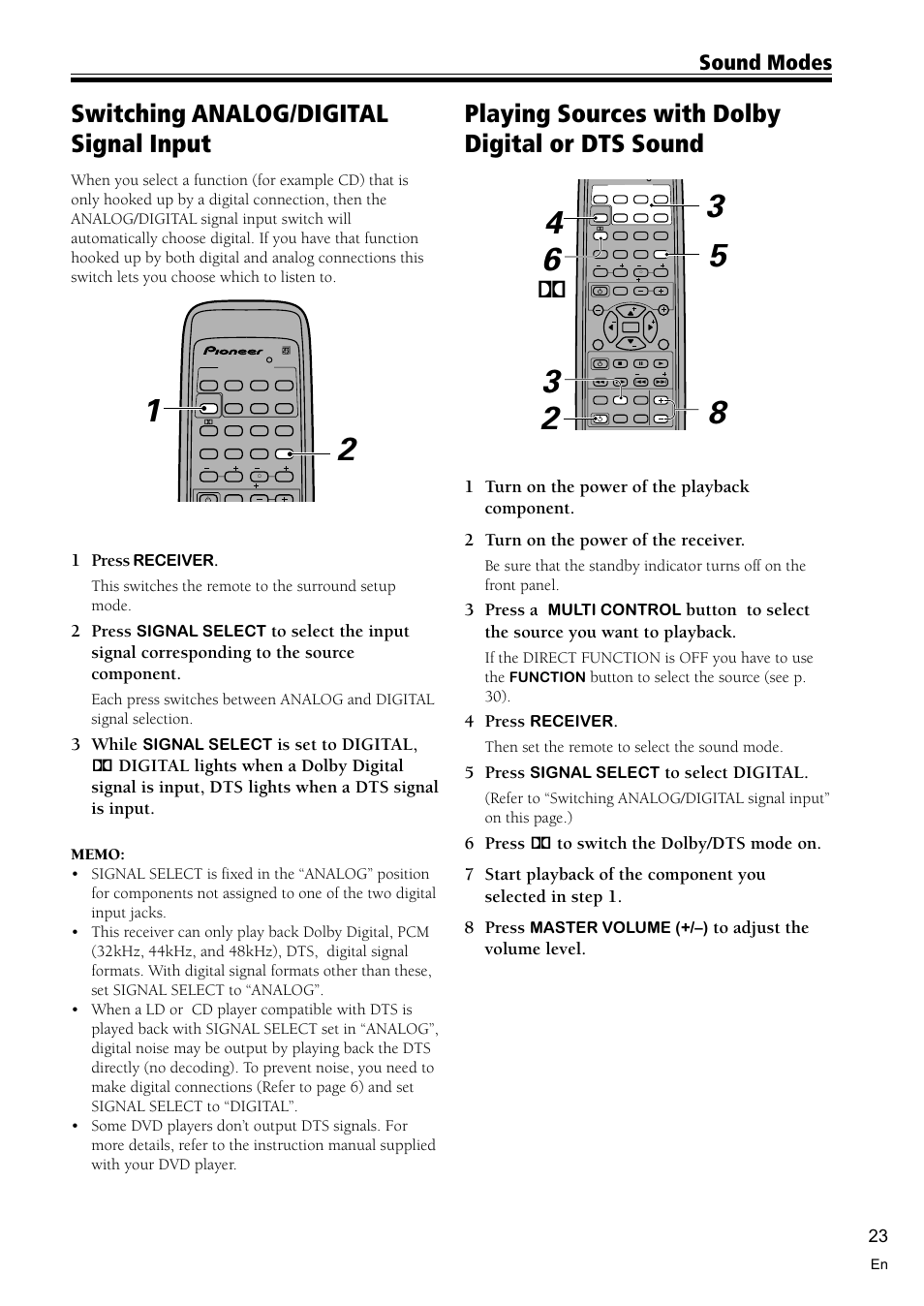 Switching analog/digital signal input 23, Playing sources with dolby digital or dts sound 23, Switching analog/digital signal input | Playing sources with dolby digital or dts sound, Sound modes, 1 press, 2 press, 3 while, 3 press a, Button to select the source you want to playback | Pioneer VSX-D510 User Manual | Page 23 / 36