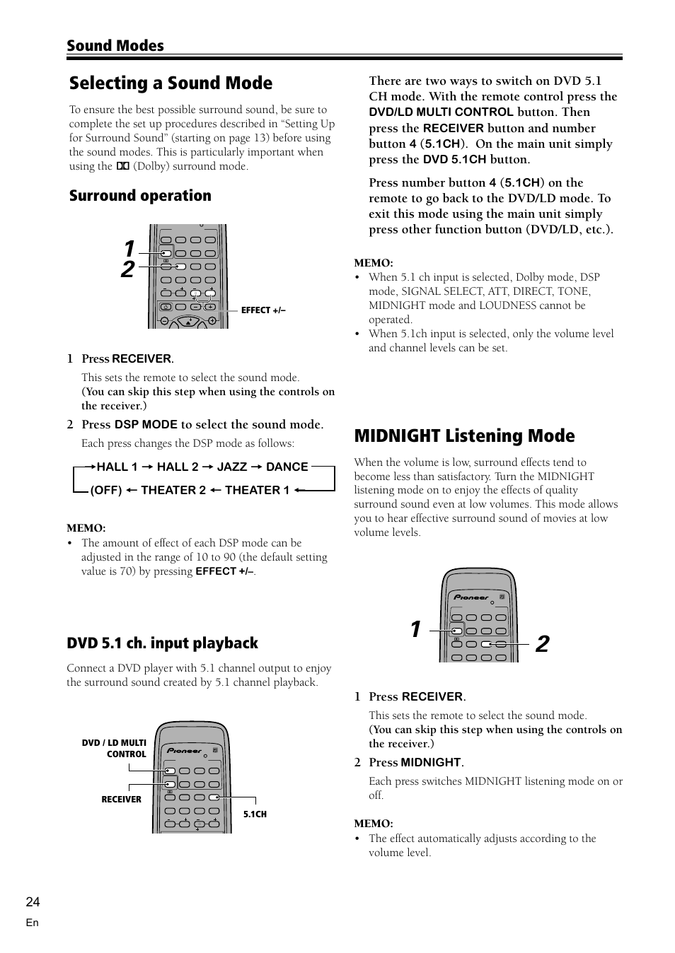 Selecting a sound mode 24, Midnight listening mode 24, Selecting a sound mode | Midnight listening mode, Dvd 5.1 ch. input playback, Surround operation, Sound modes, 1 press, 2 press, Button. then press the | Pioneer VSX-D510 User Manual | Page 24 / 36