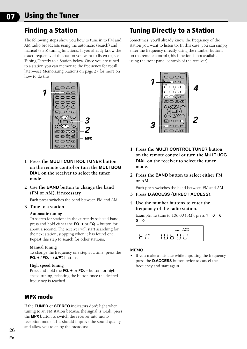 Using the tuner 26, Finding a station 26, Tuning directly to a station 26 | Using the tuner, Finding a station, Tuning directly to a station, Mpx mode, 1 press the, Button on the remote control or turn the, Button to change the band (fm or am), if necessary | Pioneer VSX-D510 User Manual | Page 26 / 36