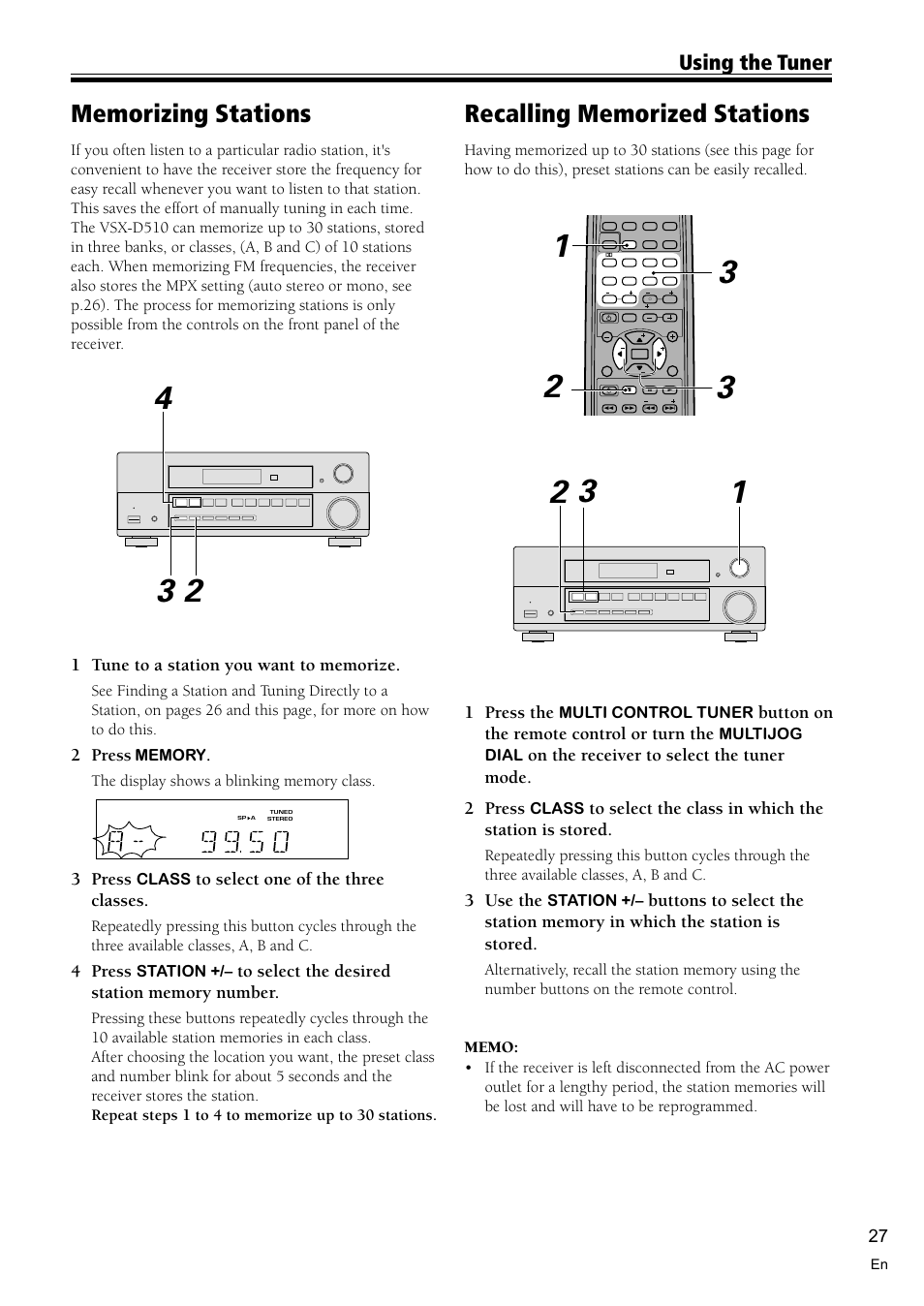 Memorizing stations 27, Recalling memorized stations 27, Using the tuner | 2 press, 3 press, 4 press, 1 press the, Button on the remote control or turn the, On the receiver to select the tuner mode. 2 press, 3 use the | Pioneer VSX-D510 User Manual | Page 27 / 36