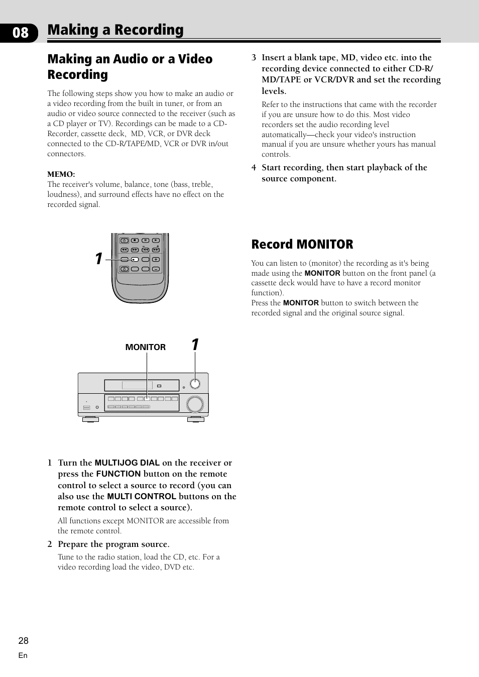 Making a recording 28, Making an audio or a video recording 28, Record monitor 28 | 08 making a recording, Making an audio or a video recording, Record monitor, 1 turn the, On the receiver or press the, Buttons on the remote control to select a source), 2 prepare the program source | Pioneer VSX-D510 User Manual | Page 28 / 36