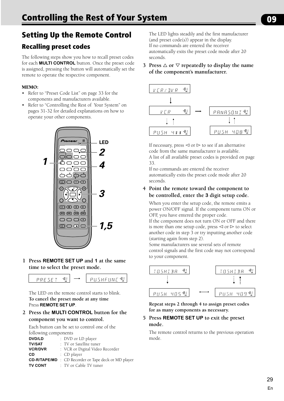 Controlling the rest of your system 29, Setting up the remote control 29, 09 controlling the rest of your system | Setting up the remote control, Recalling preset codes, 1 press, At the same time to select the preset mode, 2 press the, Button for the component you want to control, Digit setup code | Pioneer VSX-D510 User Manual | Page 29 / 36