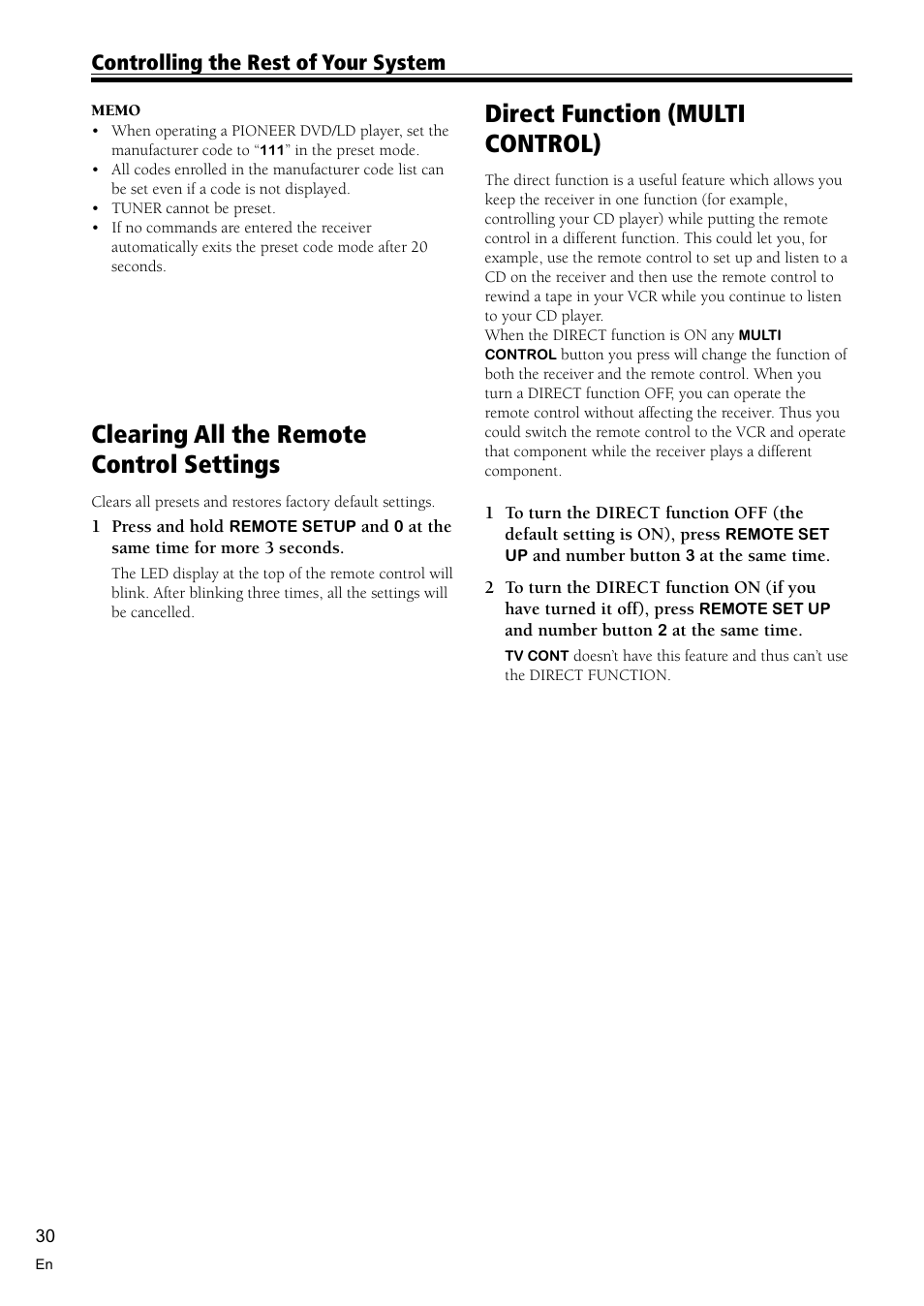 Clearing all the remote control settings 30, Direct function 30, Direct function (multi control) | Clearing all the remote control settings, Controlling the rest of your system | Pioneer VSX-D510 User Manual | Page 30 / 36