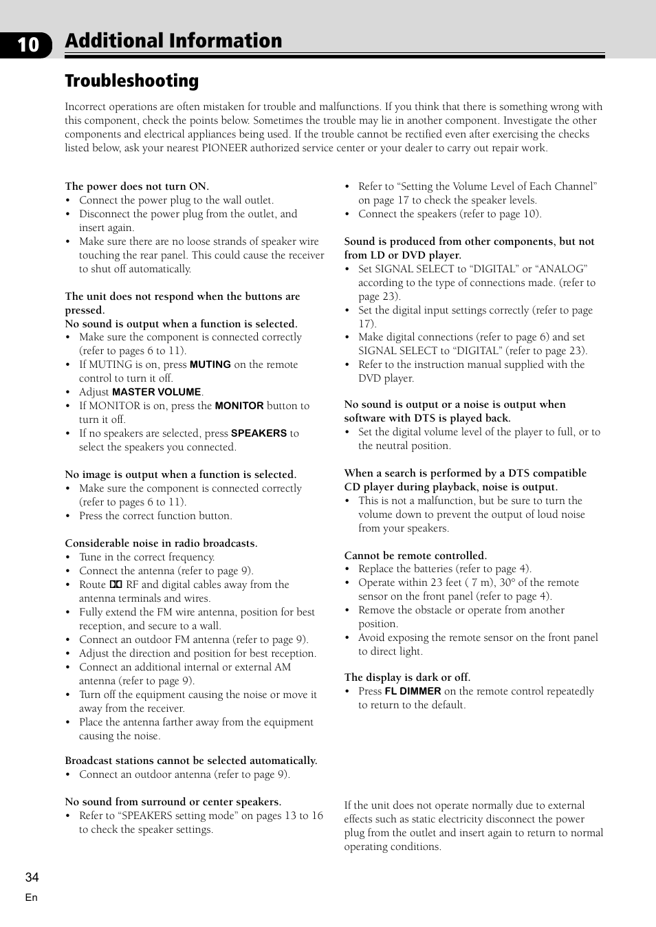 Additional information 34, Troubleshooting 34, 10 additional information | Troubleshooting | Pioneer VSX-D510 User Manual | Page 34 / 36