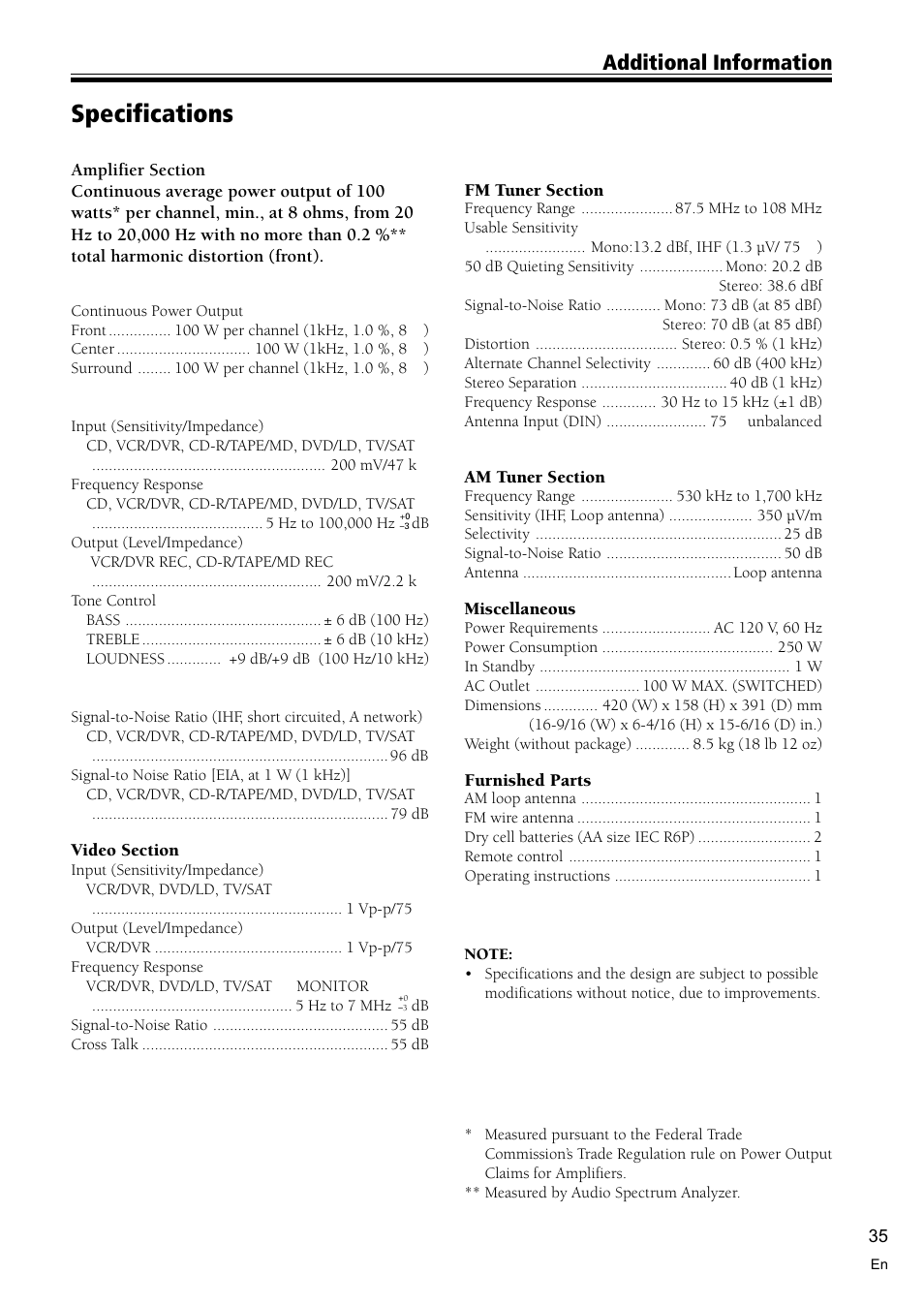 Specifications 35, Specifications, Additional information | Pioneer VSX-D510 User Manual | Page 35 / 36