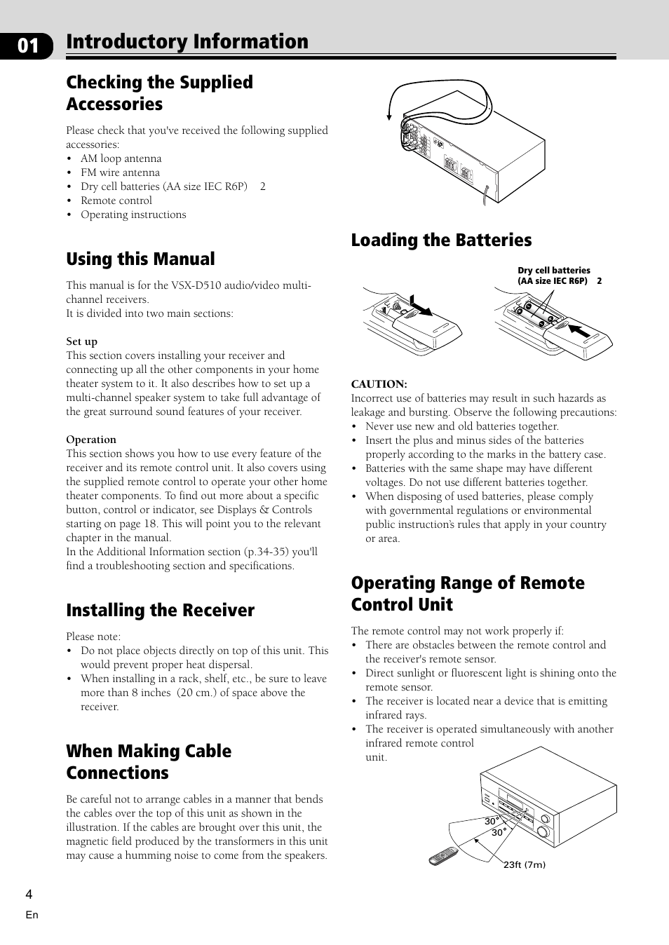 01 introductory information, Checking the supplied accessories, Using this manual | Installing the receiver, When making cable connections, Loading the batteries, Operating range of remote control unit | Pioneer VSX-D510 User Manual | Page 4 / 36