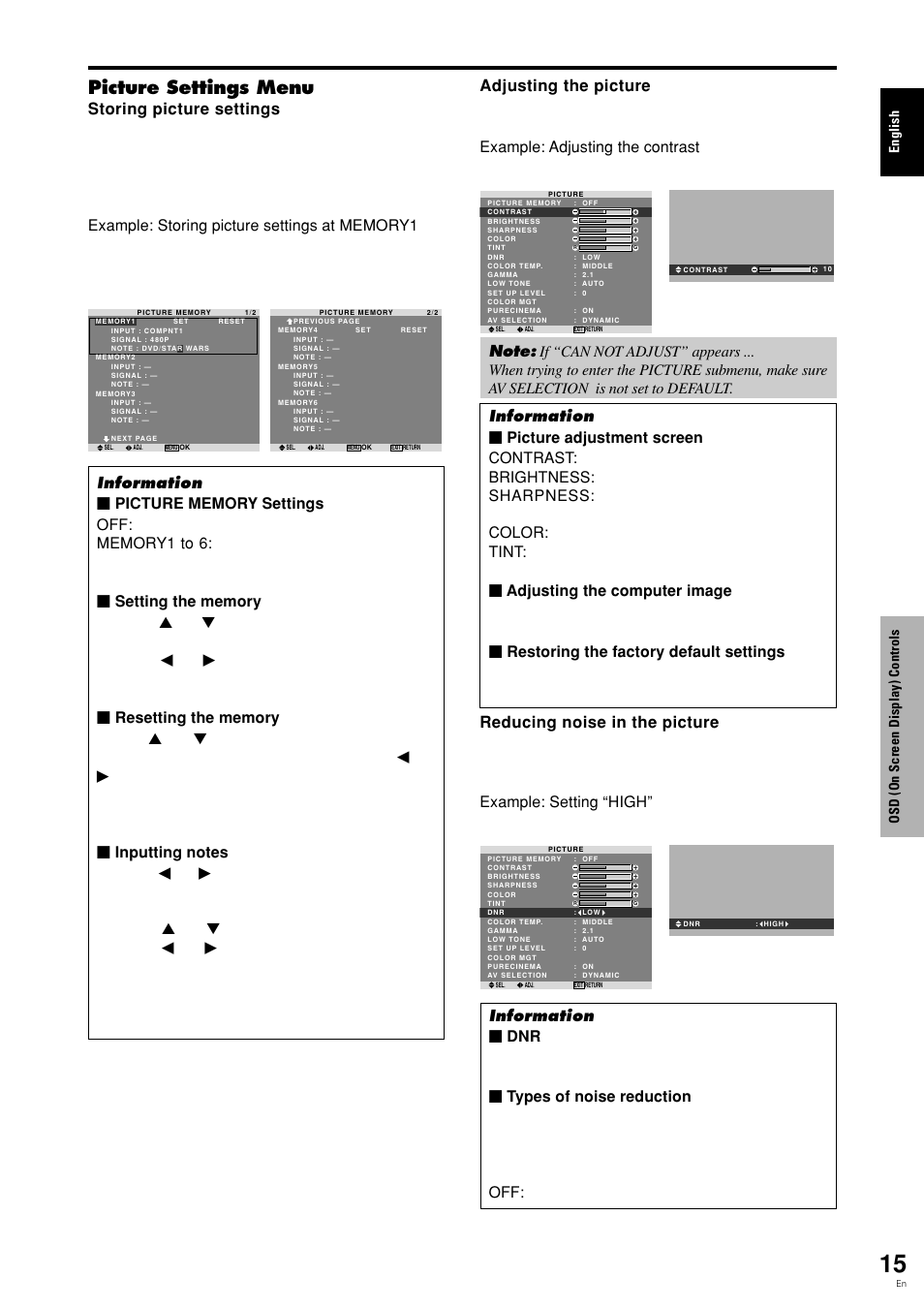 Picture settings menu | Pioneer PDP-615EX User Manual | Page 20 / 106