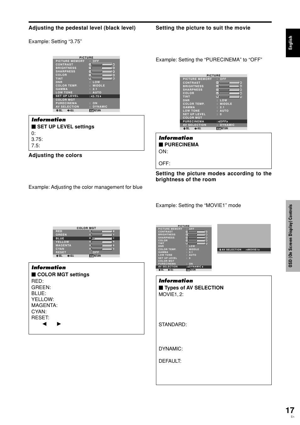 English, Osd (on screen display) controls | Pioneer PDP-615EX User Manual | Page 22 / 106