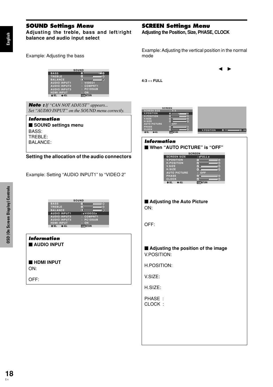 Sound settings menu, Screen settings menu, Button is pressed | Information Ⅵ when “auto picture” is “off | Pioneer PDP-615EX User Manual | Page 23 / 106