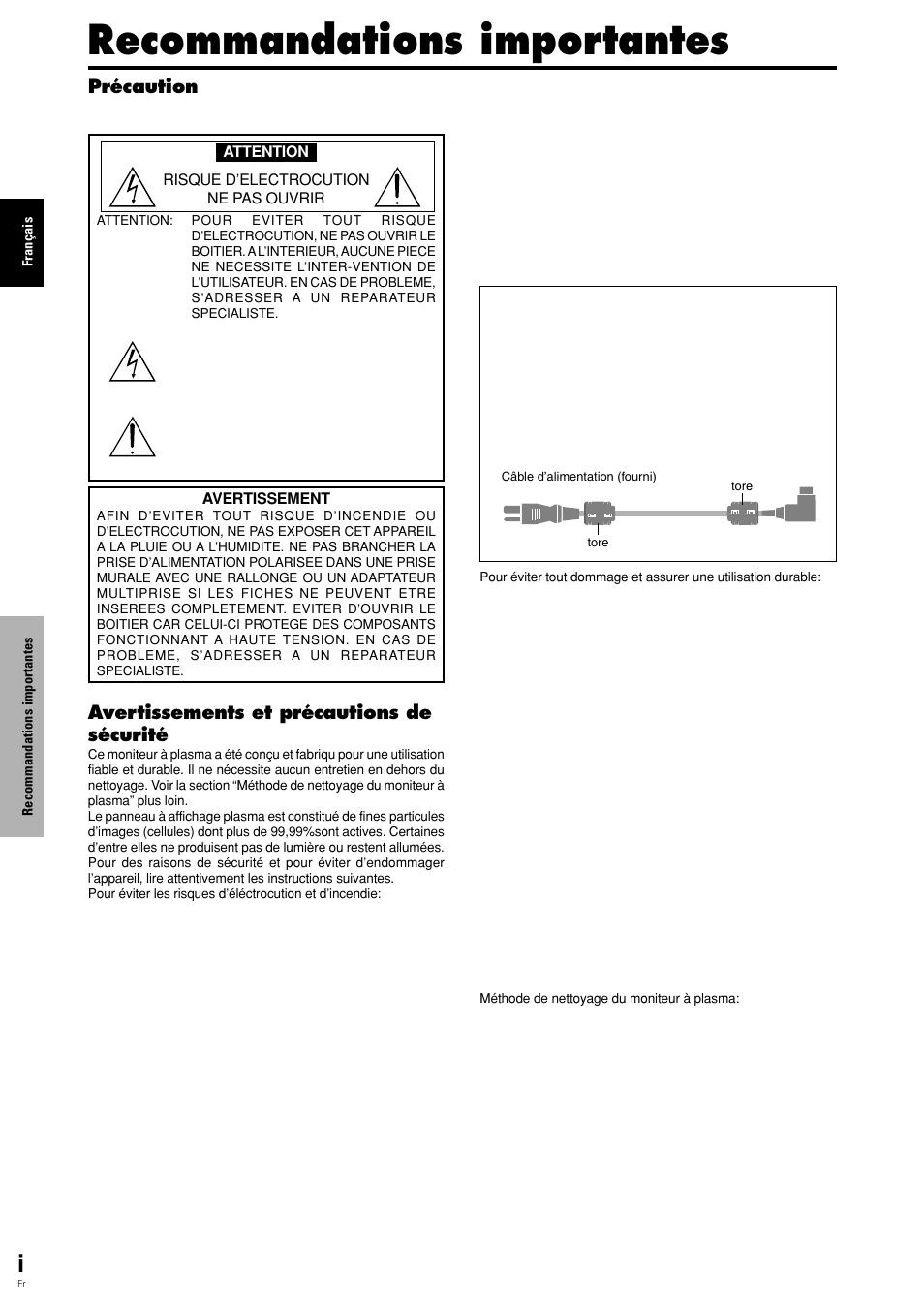 Recommandations importantes, Précaution, Avertissements et précautions de sécurité | Pioneer PDP-615EX User Manual | Page 37 / 106