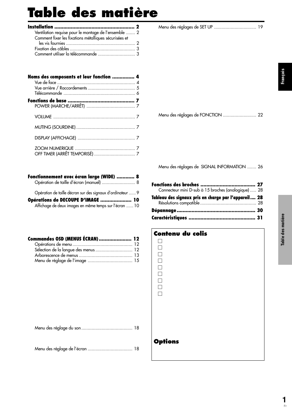 Table des matière, Contenu du colis, Options | Pioneer PDP-615EX User Manual | Page 40 / 106