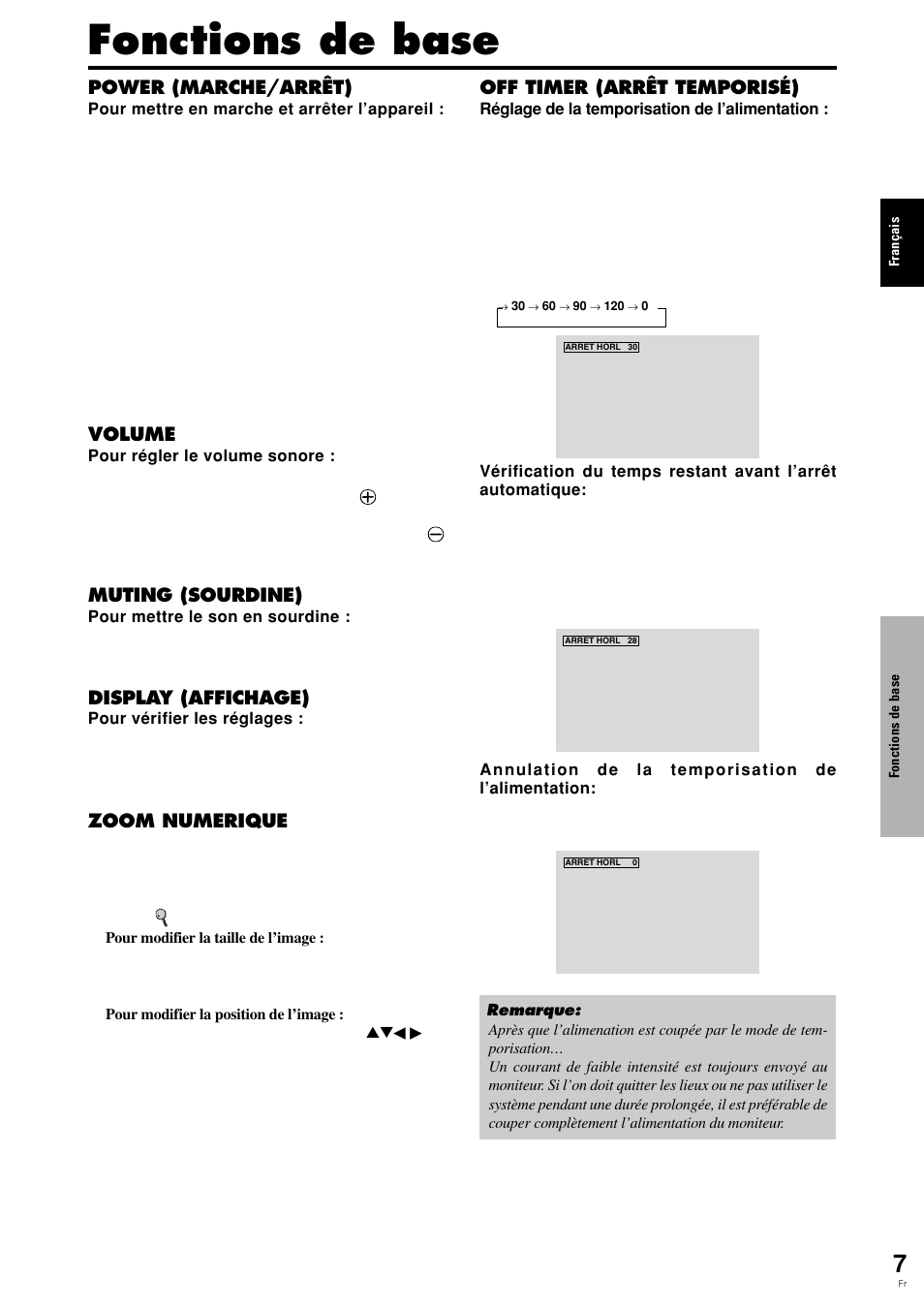 Fonctions de base, Off timer (arrêt temporisé), Power (marche/arrêt) | Volume, Muting (sourdine), Display (affichage), Zoom numerique | Pioneer PDP-615EX User Manual | Page 46 / 106