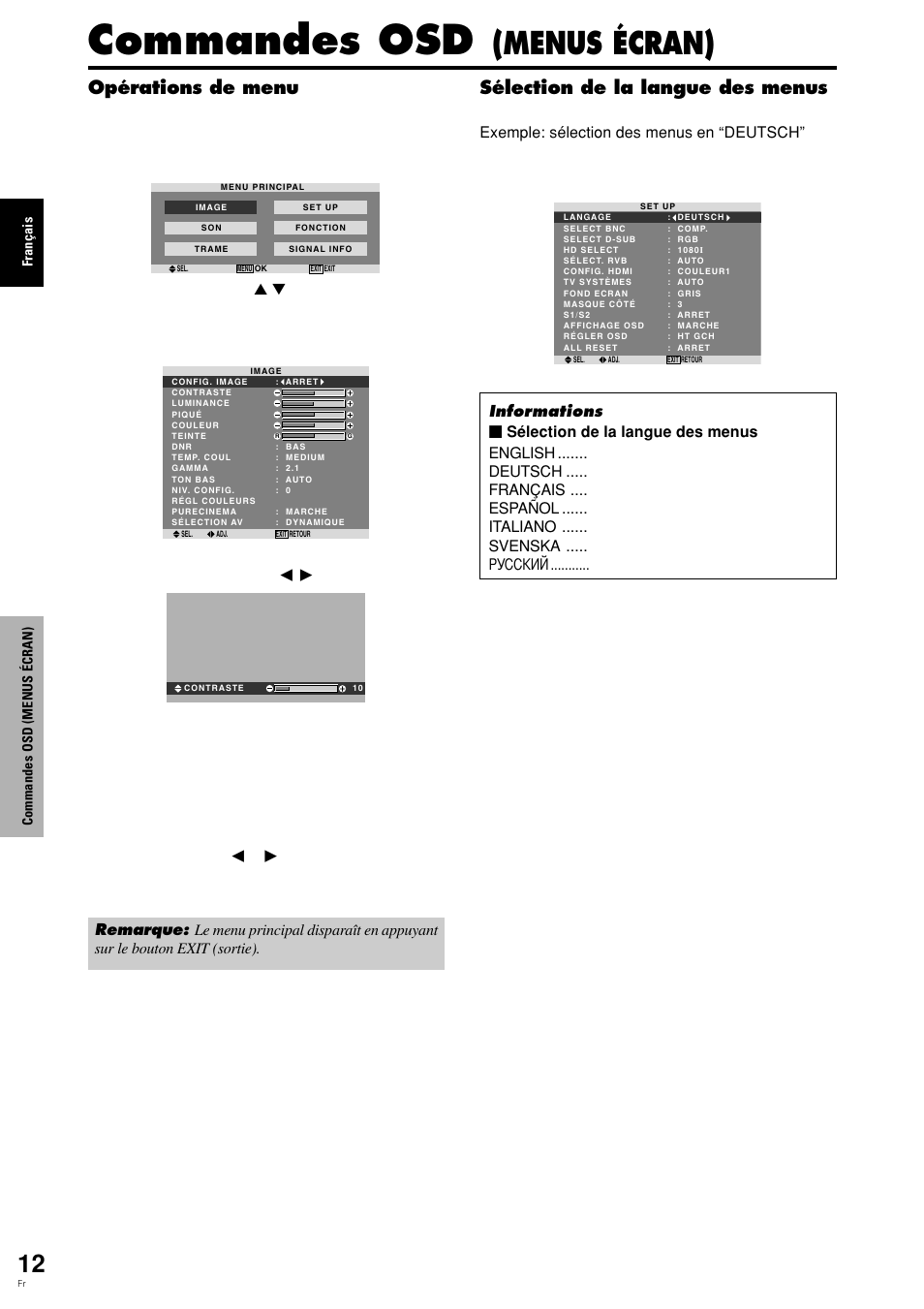 Commandes osd, Menus écran), Opérations de menu | Sélection de la langue des menus | Pioneer PDP-615EX User Manual | Page 51 / 106