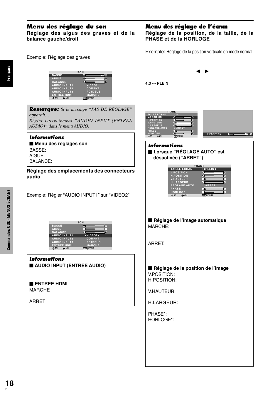 Menu des réglage du son, Menu des réglage de l’écran, Les modes défilent dans la séquence suivante | Pioneer PDP-615EX User Manual | Page 57 / 106