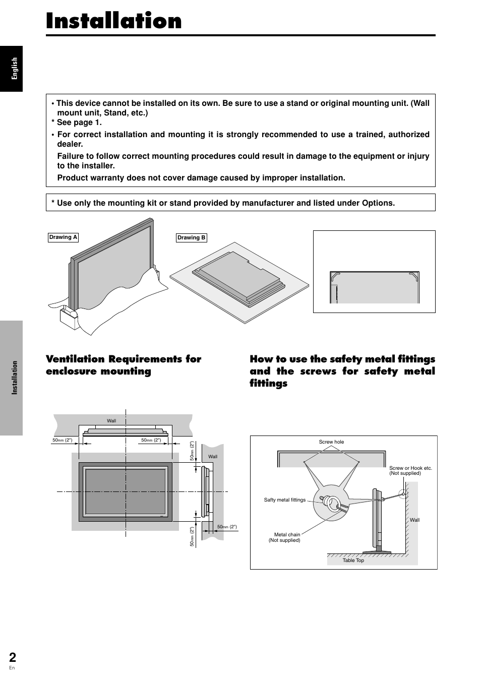 Installation, Ventilation requirements for enclosure mounting | Pioneer PDP-615EX User Manual | Page 7 / 106