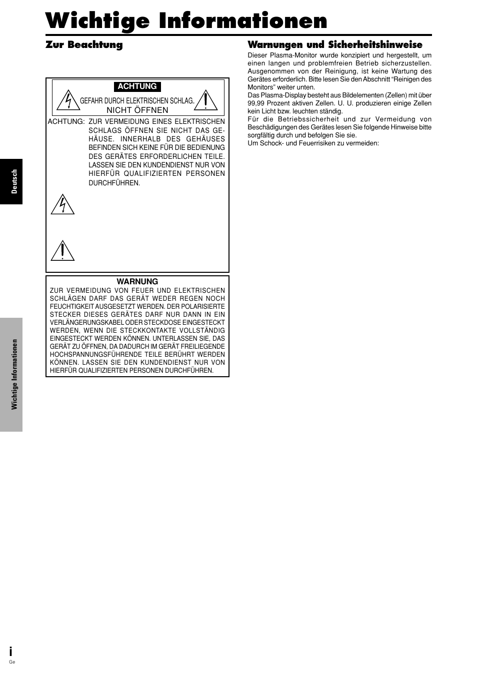 Wichtige informationen, Zur beachtung, Warnungen und sicherheitshinweise | Pioneer PDP-615EX User Manual | Page 73 / 106