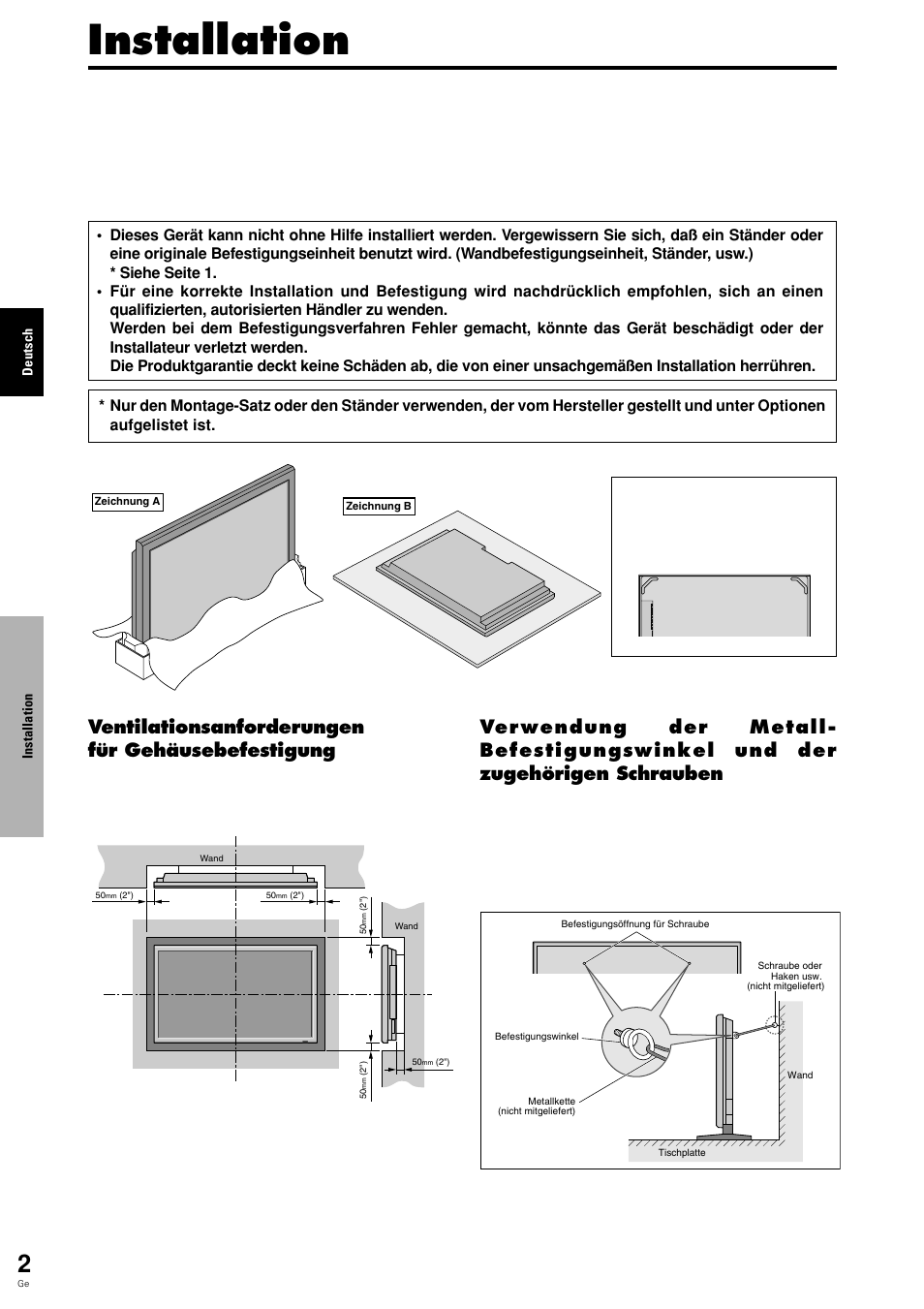 Installation, Ventilationsanforderungen für gehäusebefestigung | Pioneer PDP-615EX User Manual | Page 77 / 106