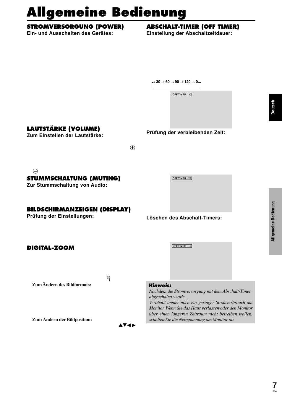 Allgemeine bedienung, Stromversorgung (power), Lautstärke (volume) | Stummschaltung (muting), Bildschirmanzeigen (display), Digital-zoom, Abschalt-timer (off timer) | Pioneer PDP-615EX User Manual | Page 82 / 106