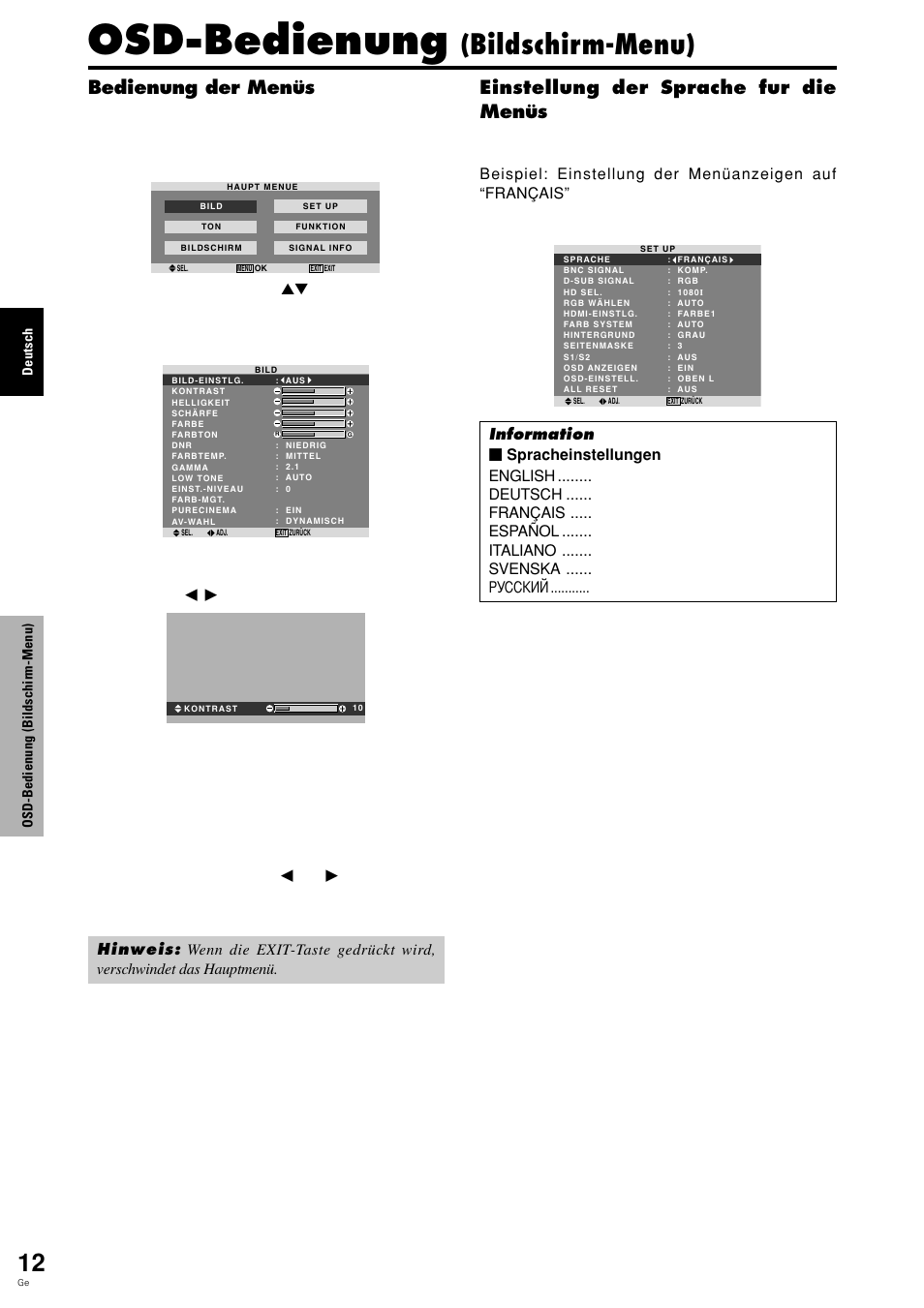 Osd-bedienung, Bildschirm-menu), Bedienung der menüs | Einstellung der sprache fur die menüs | Pioneer PDP-615EX User Manual | Page 87 / 106