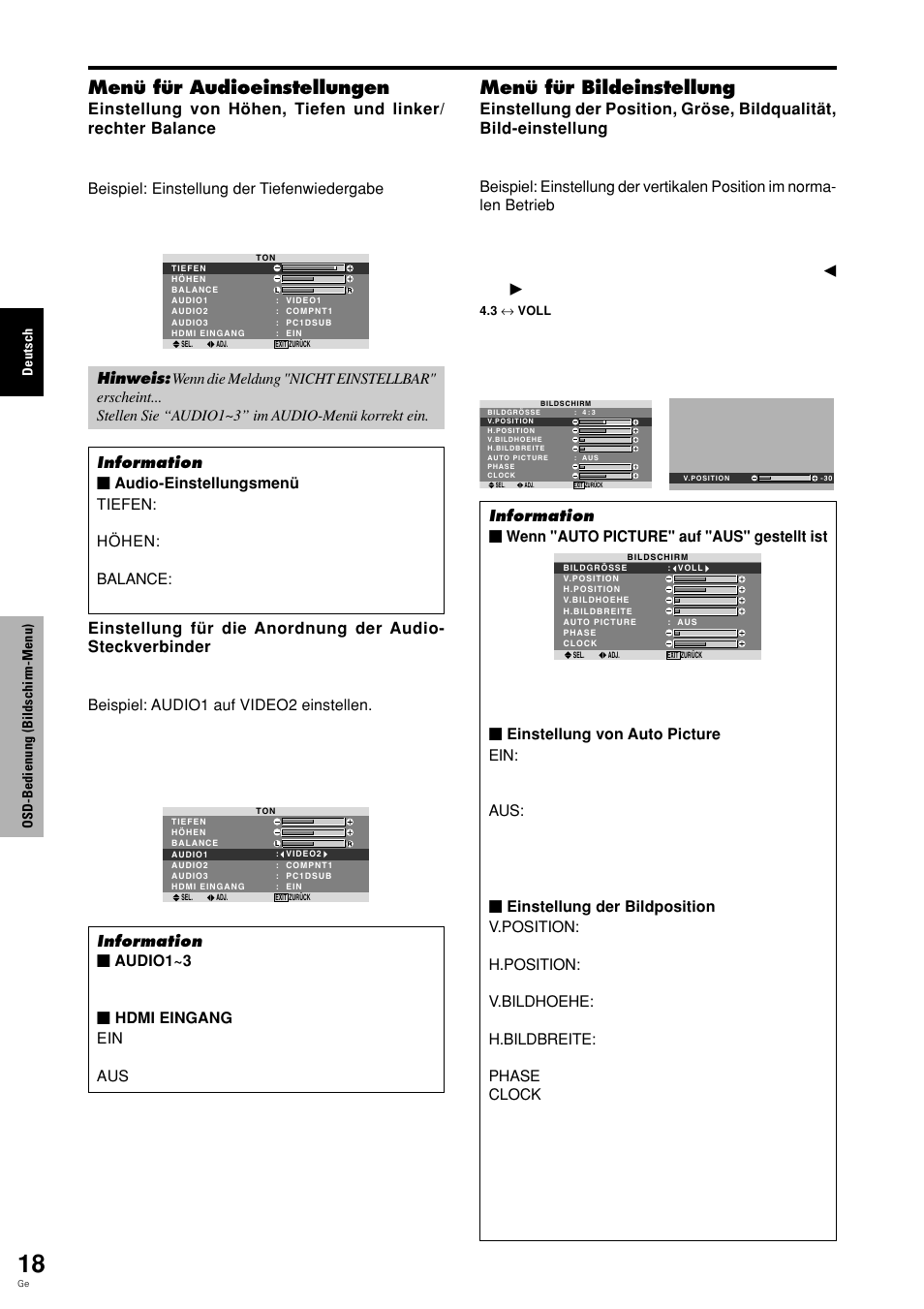 Menü für audioeinstellungen, Menü für bildeinstellung, Oder | Wie folgt um | Pioneer PDP-615EX User Manual | Page 93 / 106