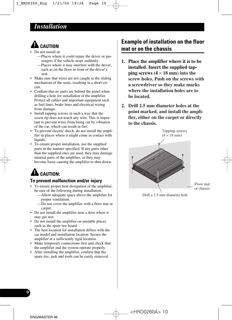 Installation, Example of installation on the floor mat, Or on the chassis | Pioneer GM-5000T User Manual | Page 10 / 62