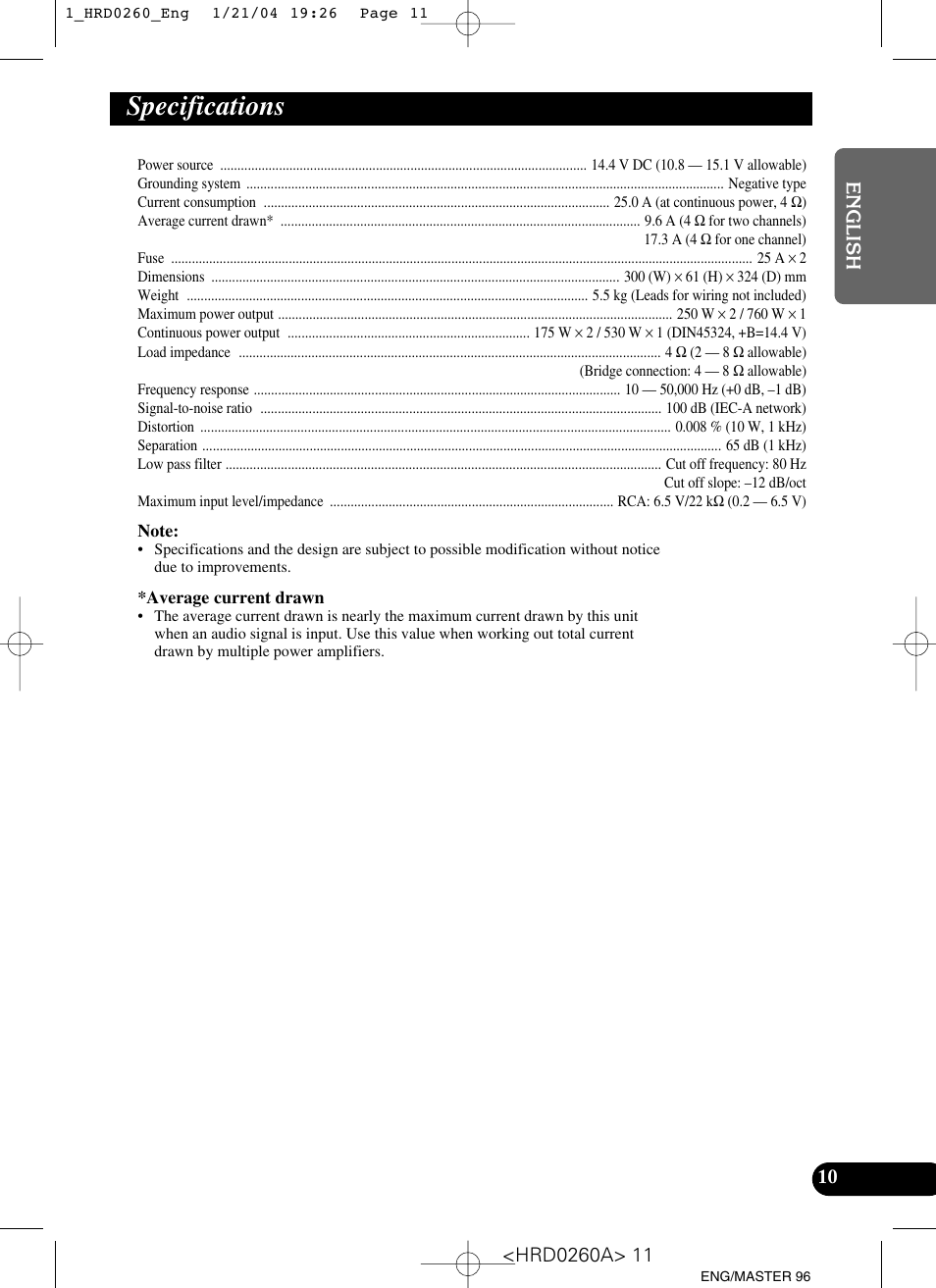 Specifications | Pioneer GM-5000T User Manual | Page 11 / 62