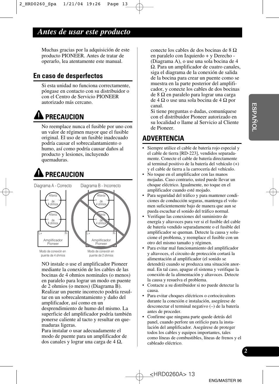 Antes de usar este producto, En caso de desperfectos, Precaucion | Advertencia | Pioneer GM-5000T User Manual | Page 13 / 62