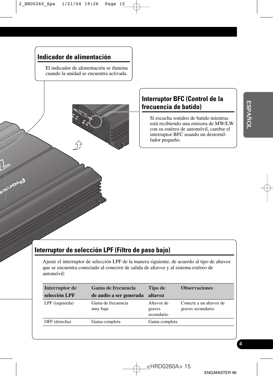 Indicador de alimentación interruptor bfc, Control de la frecuencia de batido), Interruptor de selección | Lpf (filtro de paso bajo), Interruptor de selección lpf (filtro de paso bajo), Indicador de alimentación | Pioneer GM-5000T User Manual | Page 15 / 62