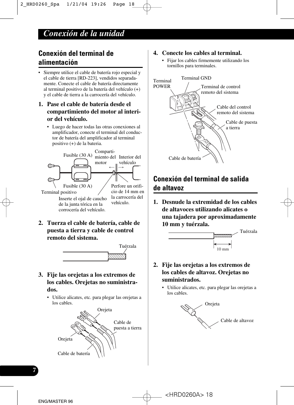 Conexión de la unidad, Conexión del terminal de alimentación, Conexión del terminal de salida de altavoz | Pioneer GM-5000T User Manual | Page 18 / 62