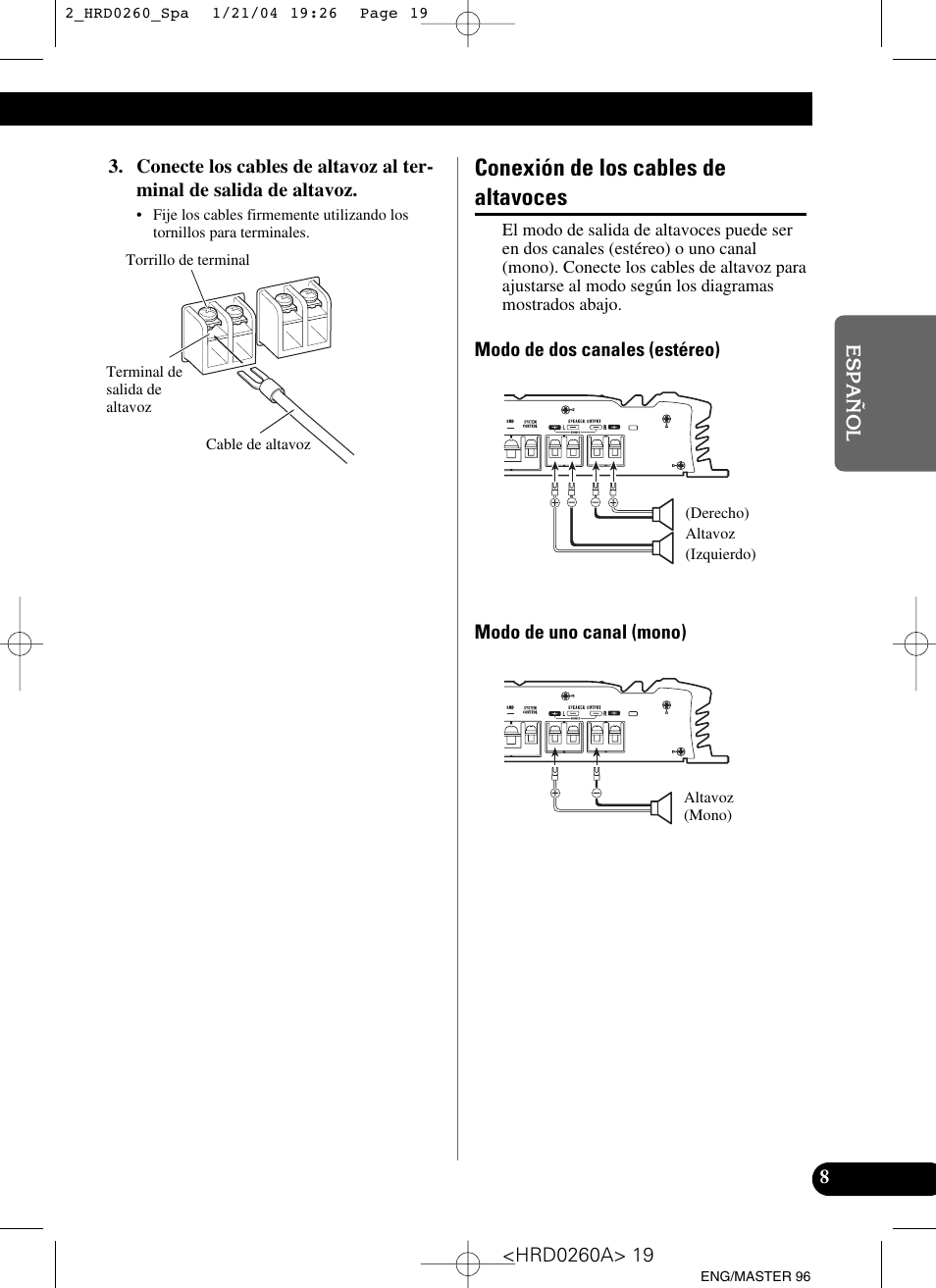 Conexión de los cables de altavoces | Pioneer GM-5000T User Manual | Page 19 / 62