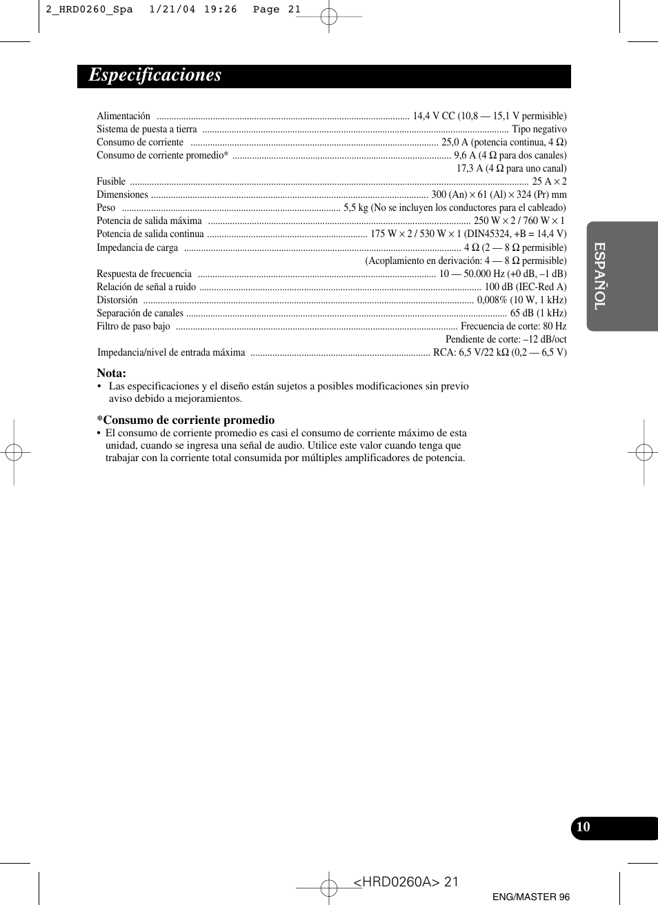 Especificaciones | Pioneer GM-5000T User Manual | Page 21 / 62