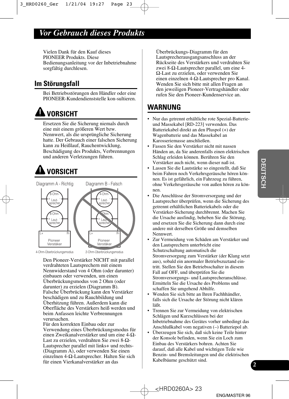 Vor gebrauch dieses produkts, Im störungsfall vorsicht vorsicht warnung, Im störungsfall | Vorsicht, Warnung | Pioneer GM-5000T User Manual | Page 23 / 62